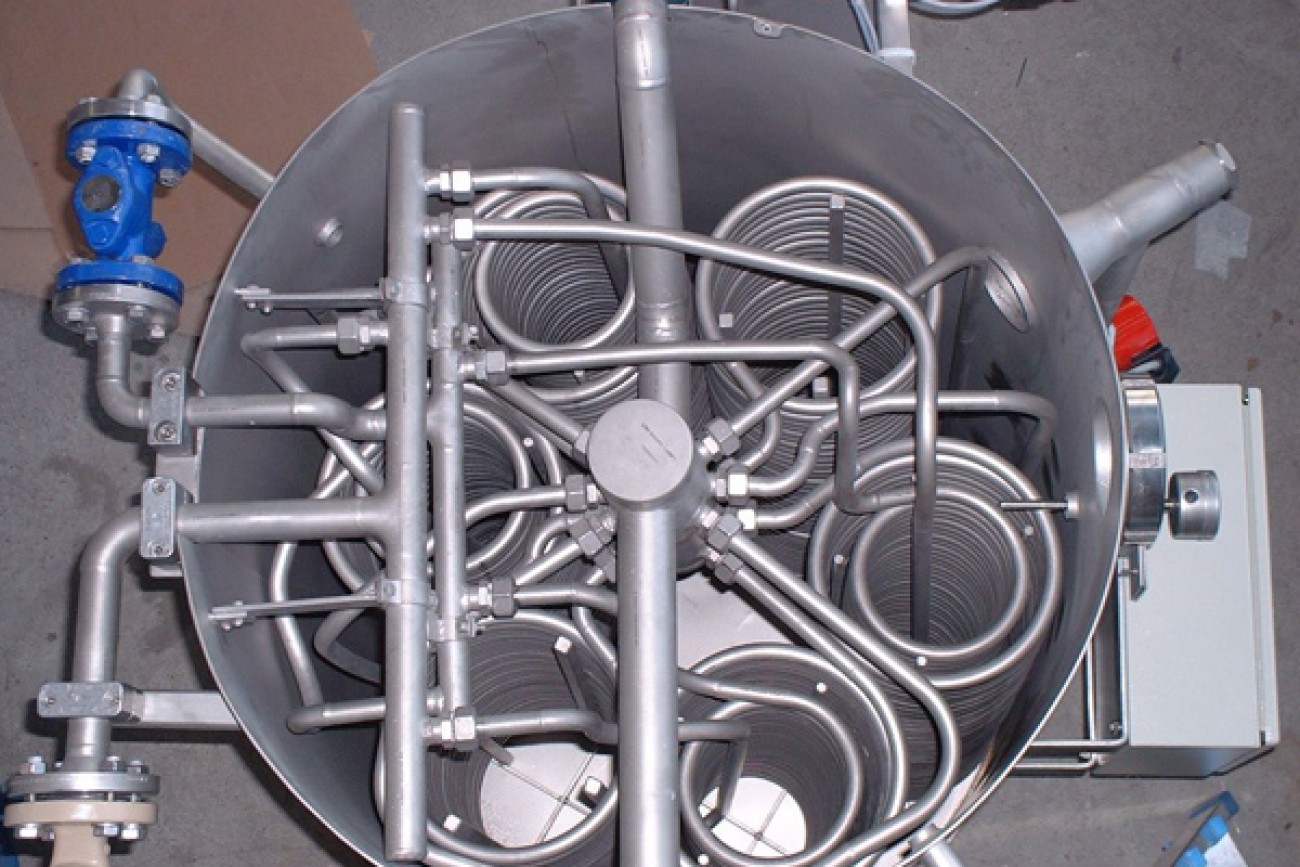 CO2 evaporator consisting of two heating circuits and ten spiral spirals, operating pressure 40 bar